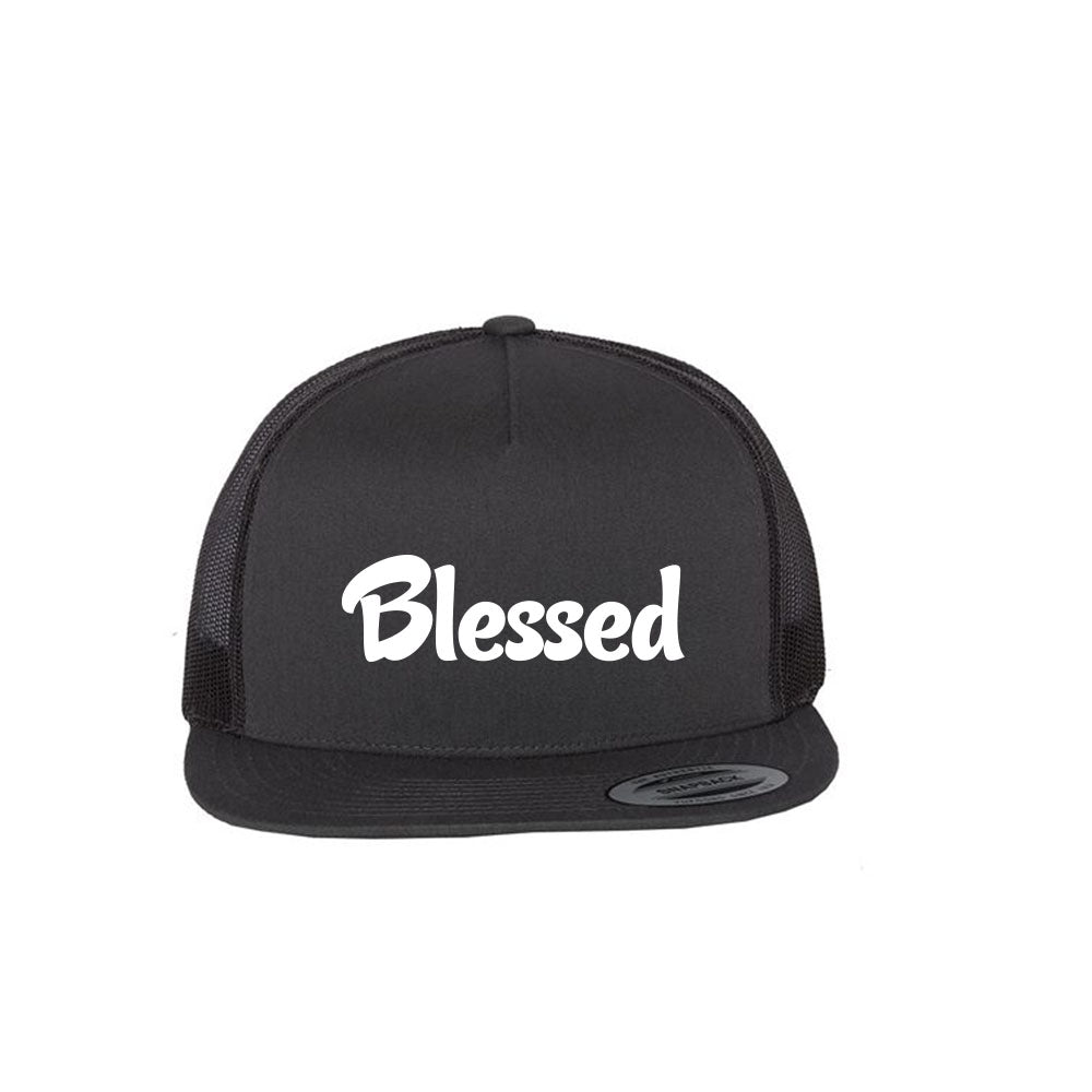 Black trucker hat made of 64/35 polyester/cotton with the word "Blessed" embroidered in white.