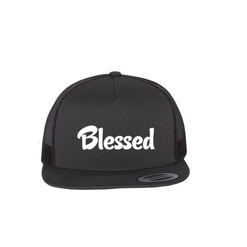 Black trucker hat made of 64/35 polyester/cotton with the word "Blessed" embroidered in white.