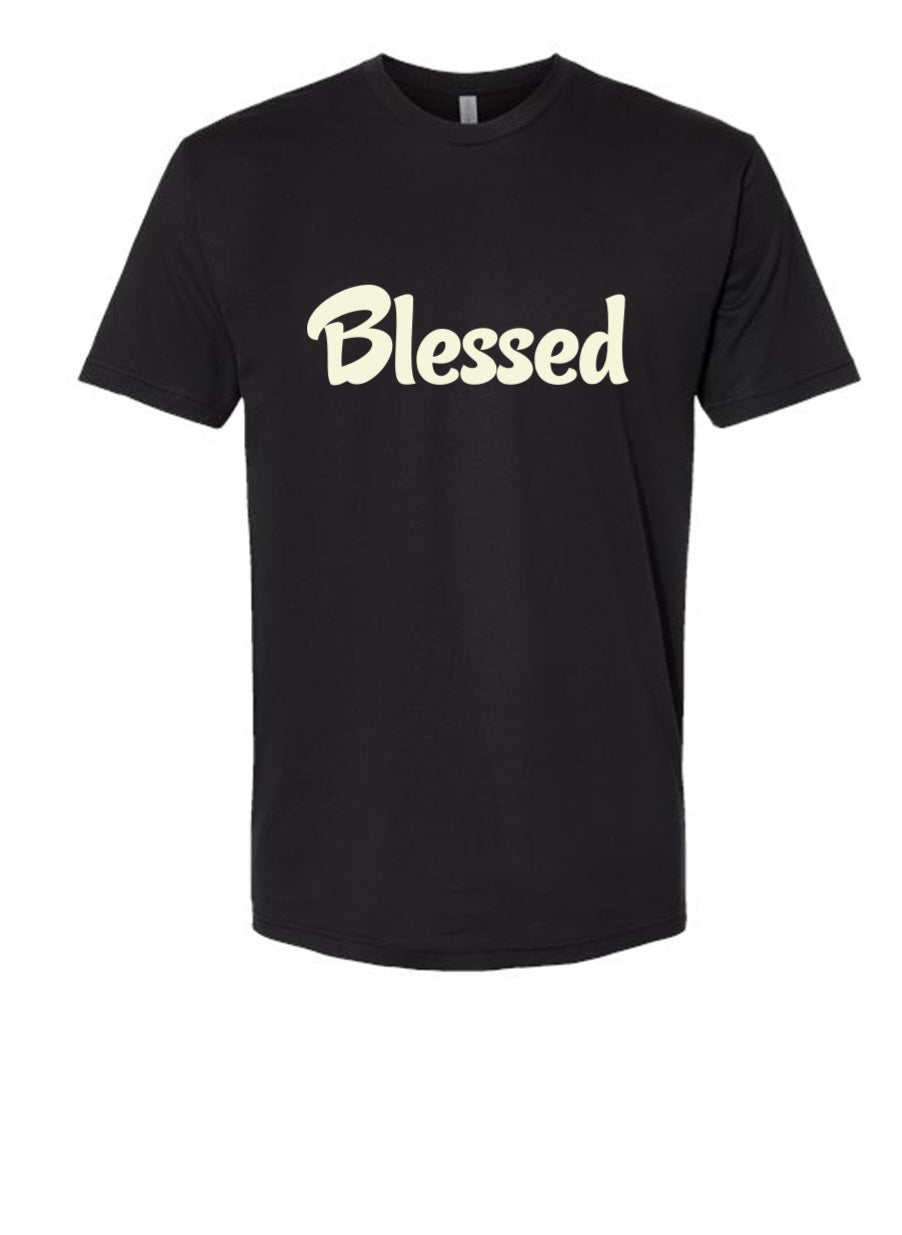 Black t-shirt with the word "Blessed" printed in white script on the front.