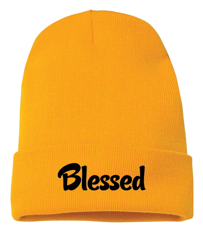 Yellow hypoallergenic acrylic cuffed Beanie written "blessed" in a black font as a reminder of gratitude and positivity.