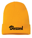Yellow hypoallergenic acrylic cuffed Beanie written "blessed" in a black font as a reminder of gratitude and positivity.