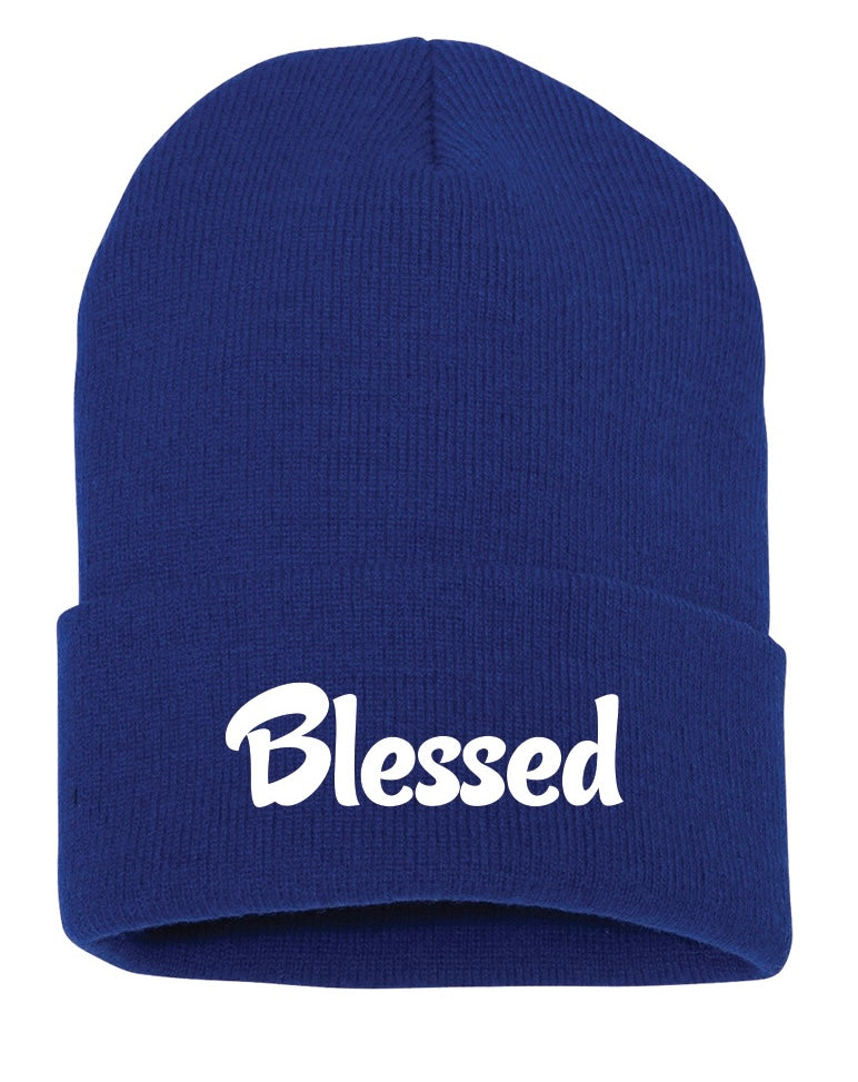 Blue hypoallergenic acrylic cuffed Beanie written "blessed" in a white font as a reminder of gratitude and positivity.