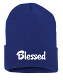 Blue hypoallergenic acrylic cuffed Beanie written "blessed" in a white font as a reminder of gratitude and positivity.