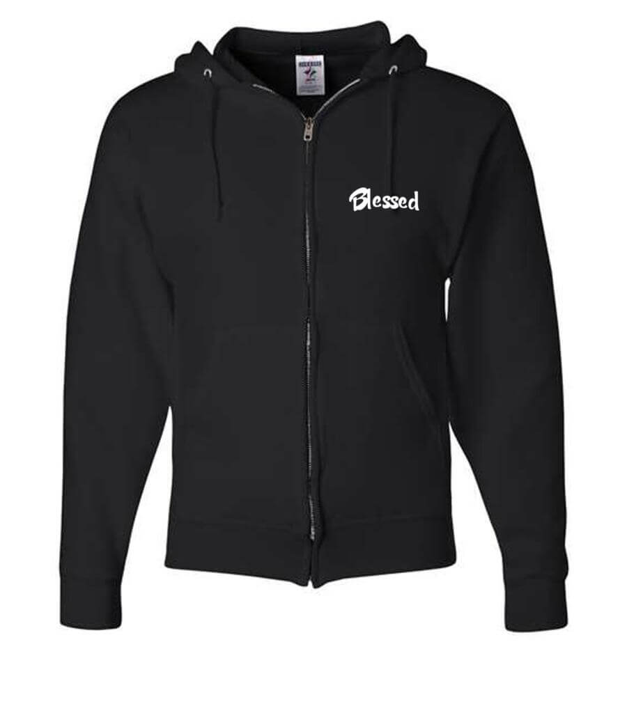 Full-zip hooded sweatshirt made with a 50/50 cotton-polyester with embroidered "Blessed" text in white font.