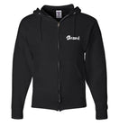 Full-zip hooded sweatshirt made with a 50/50 cotton-polyester with embroidered "Blessed" text in white font.