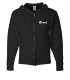 Full-zip hooded sweatshirt made with a 50/50 cotton-polyester with embroidered "Blessed" text in white font.